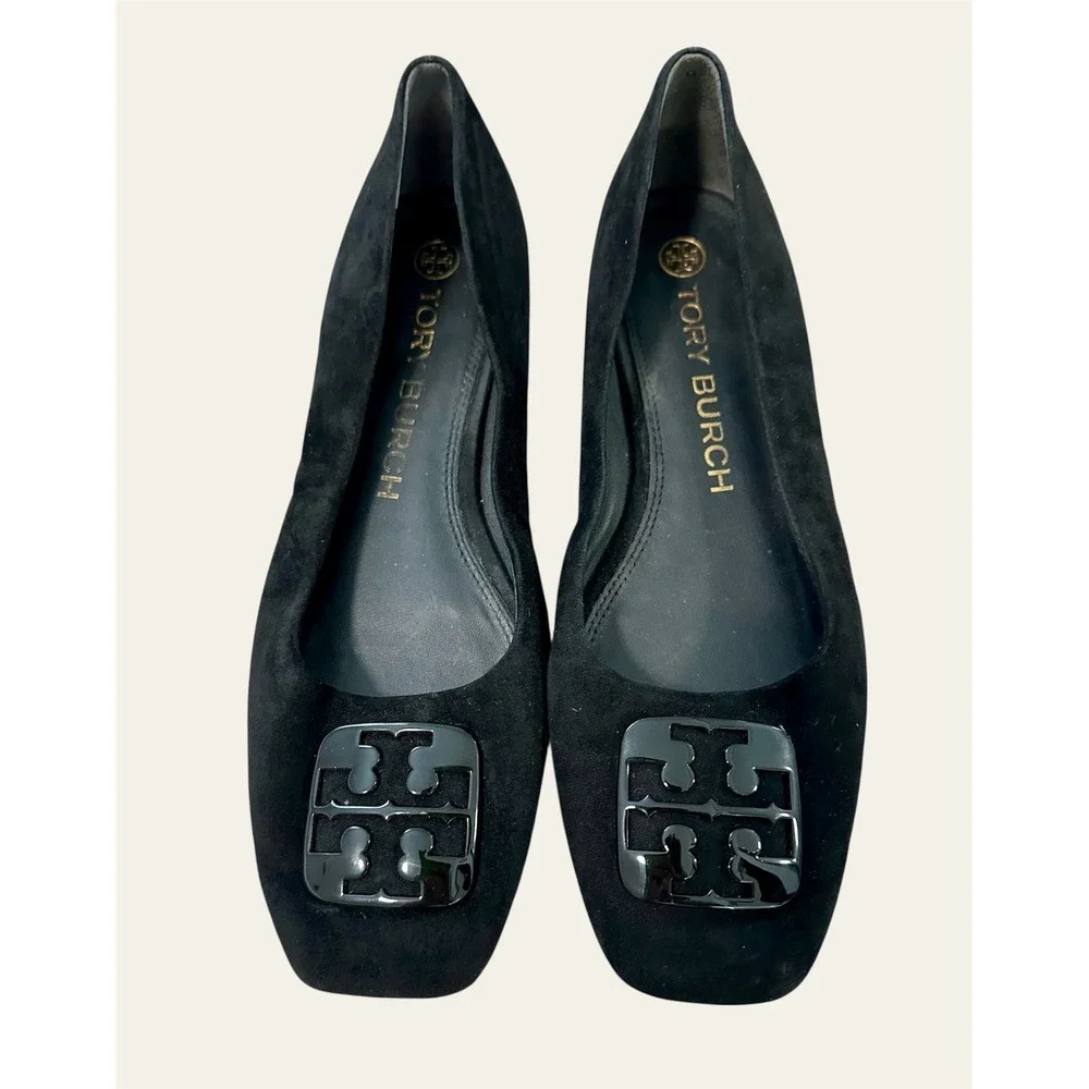 Tory Burch Suede Square Toe Flats Women 9M Black Good Patent Logo‎ Ballet Shoes